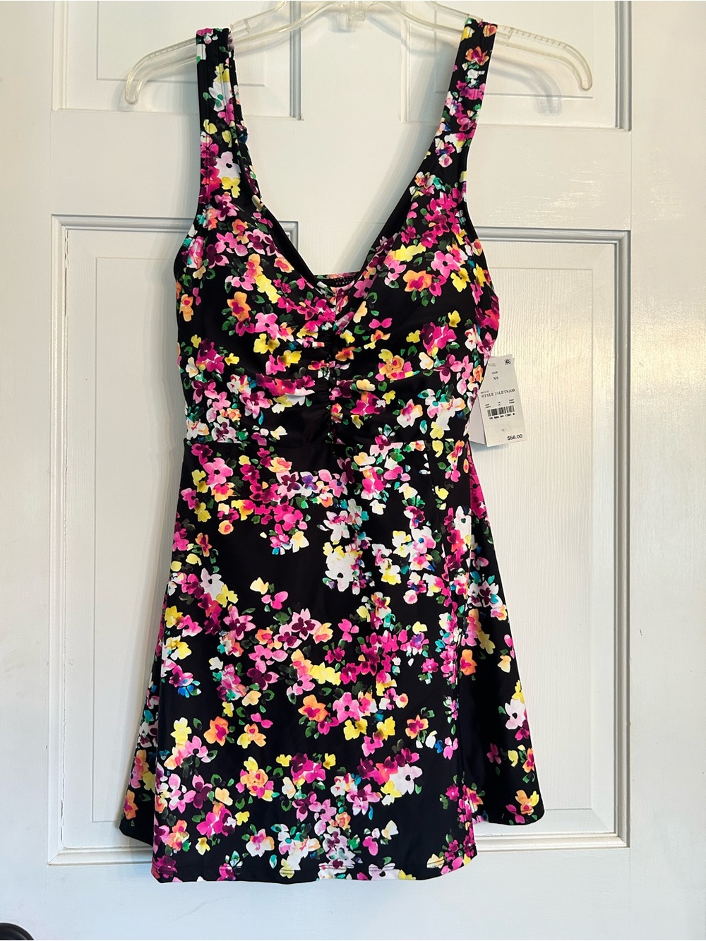Lands' End Black One-Piece Swimsuit with Pink, Yellow & White Floral Print  xs
